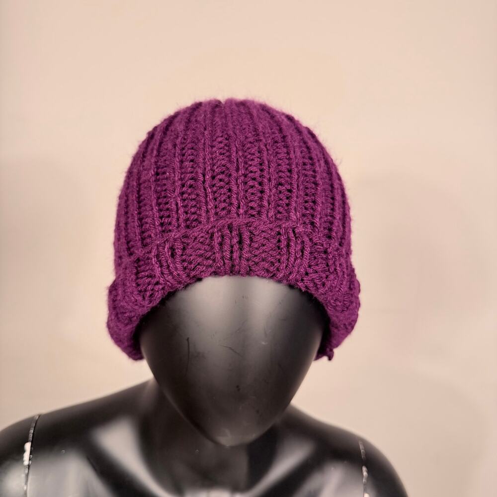 Hand-Knitted Purple Chunky Ribbed Beanie with Folded Brim